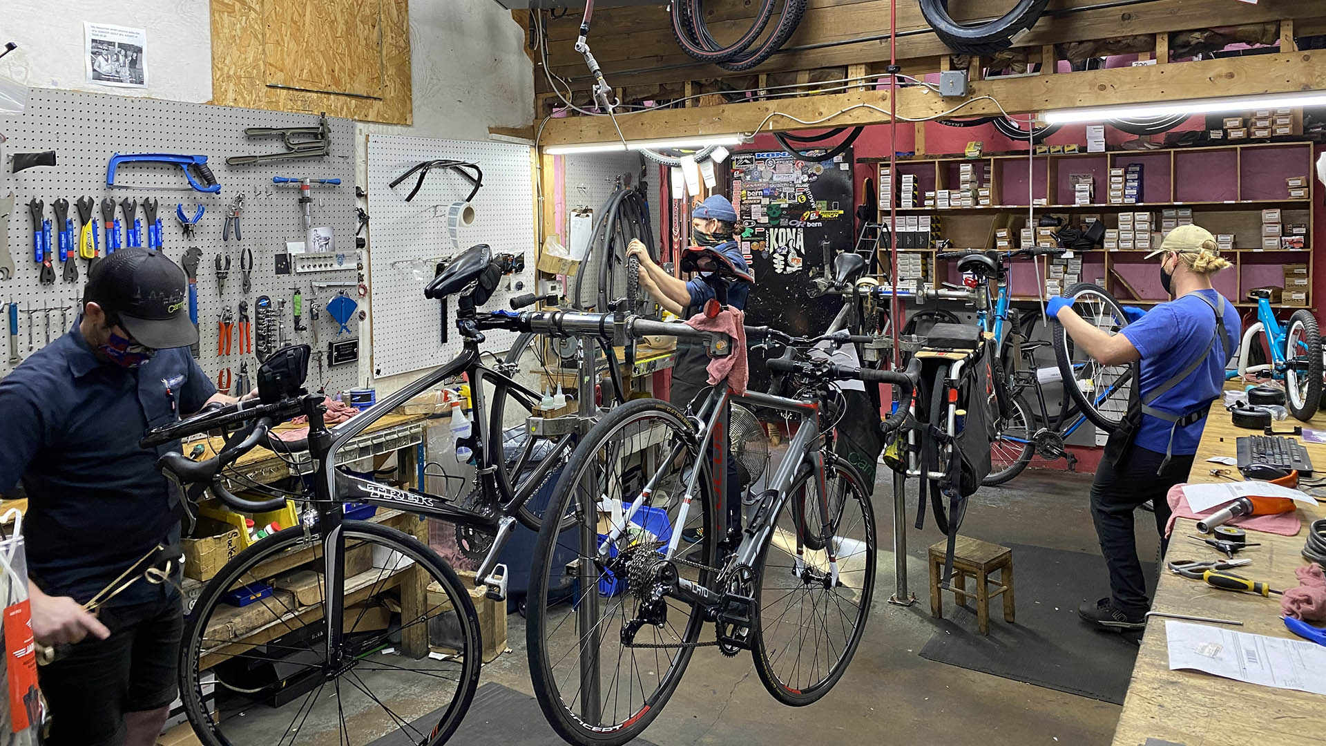 A crowded bicycle repair area, with three different people working on bikes on repair stands. The back wall has apparently well-organized tools hanging on a white peg board; the side wall has supplies such as tubes and bike parts in shelving.