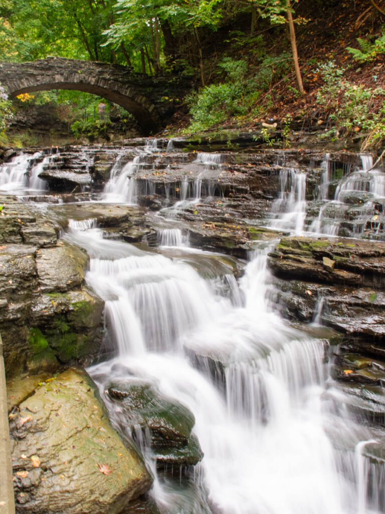 A cascade of waterfalls is seen in a deep gorge. At the top of the image can be seen some autumnal trees and bushes; small waterfalls, perhaps three or four feet tall, lead down to a larger waterfall in the front and center of the image, with the water blurred to white by motion.