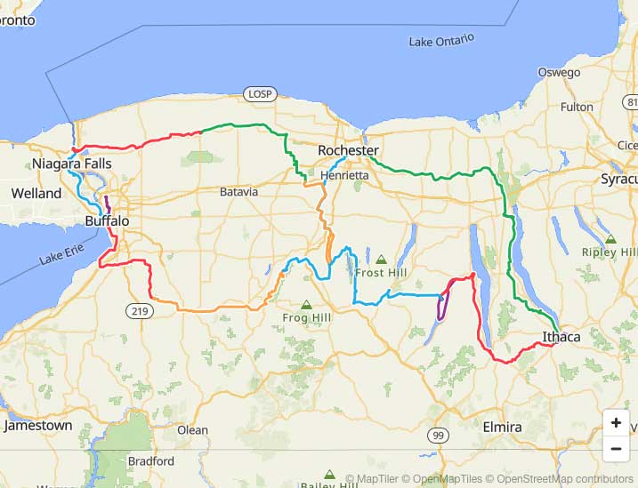 A map of upstate new york, with Niagara Falls and Buffalo on the left, and Ithaca in the bottom right corner. A multi-colored route is shown, passing through Buffalo, Niagara Falls, Rochester, Ithaca, and winding through a number of north-south oriented lakes in the middle of the map. 