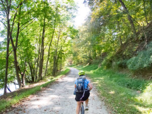 A woman on a bicycle rides away from the camera up a gravel path with a scattering of leaves. The path goes through a green, sunlit rood, and a waterway can be seen to the left side.