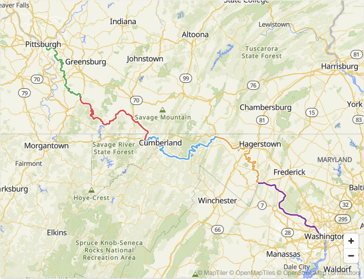 A map showing a route from Pittsburgh to Washington, DC. in five segments.