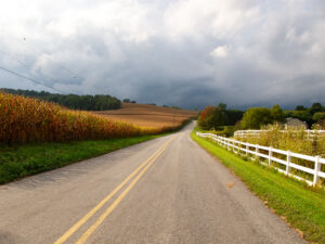 In the late afternoon, a rural road stretches away into the distance, climbing a small hill as it ducks behind a grove of trees on the right. On the left side of the road is a cornfield, yellow with ripe stalks. The right side is a white picket fence. The clouds directly above are white and fluffy, but the vanishing point of the road is under a dark cloud.