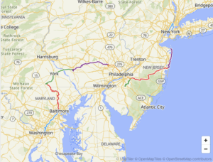A map of a bike tour route from Washington, DC to New York City, through Baltimore, York, and Philadelphia.