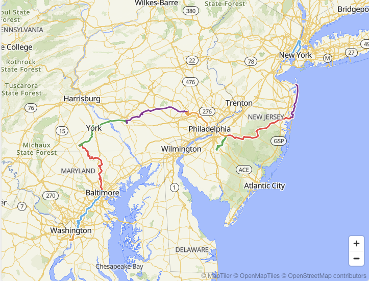 A map of a bike tour route from Washington, DC to New York City, through Baltimore, York, and Philadelphia.